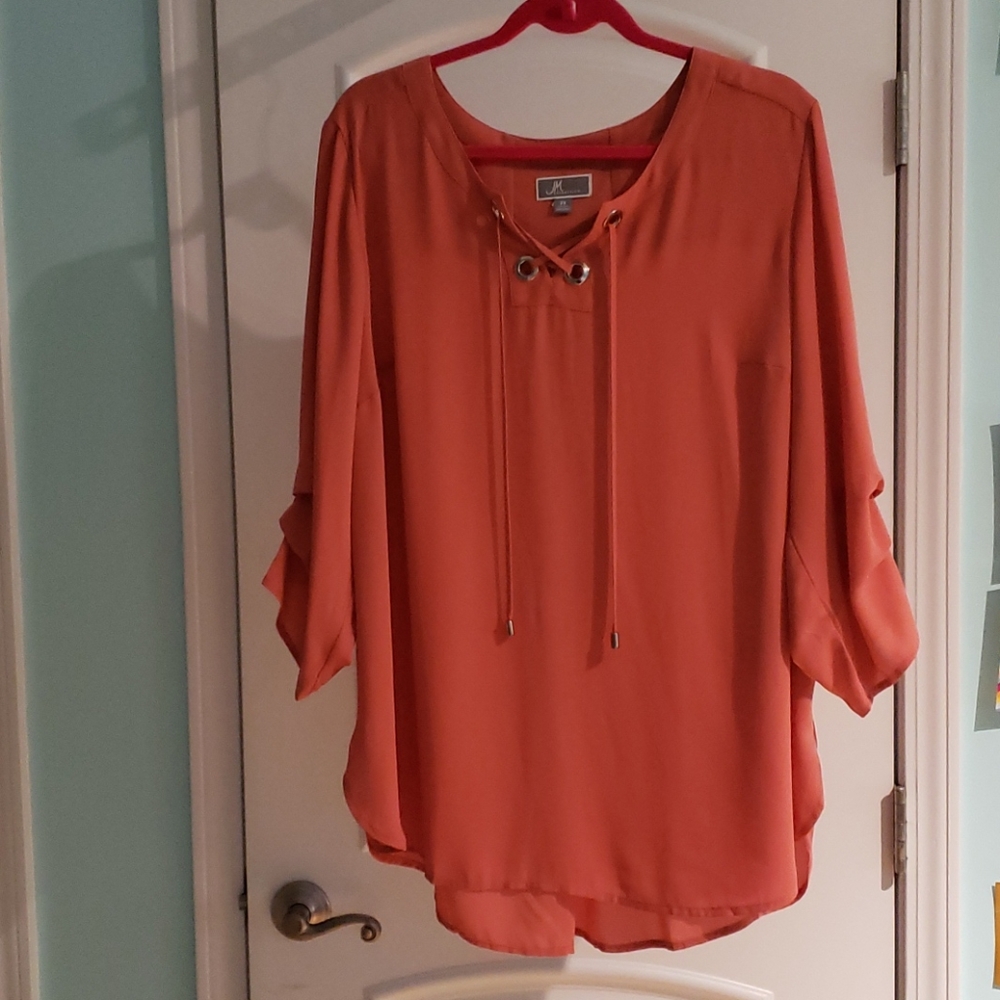 NWOT silky coral lace front blouse